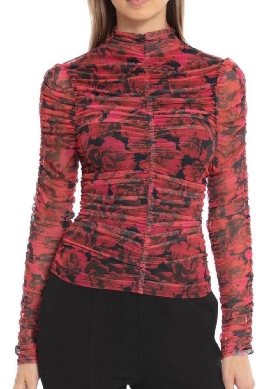 Bagatelle Collection Ruched Mesh Mock Neck Floral Top sz L